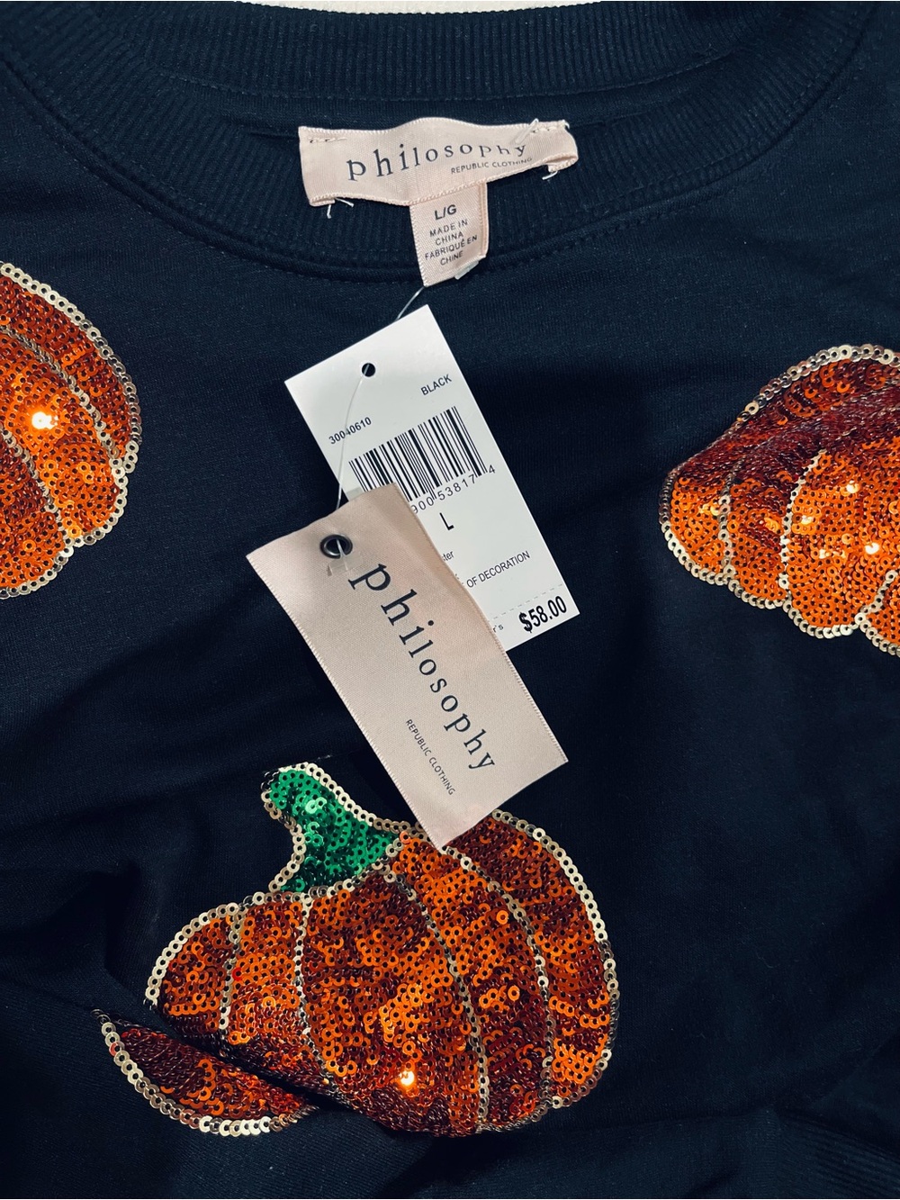 Philosophy NWT Black Sweatshirt with Orange Sequin Pumpkins - Picture 4 of 4